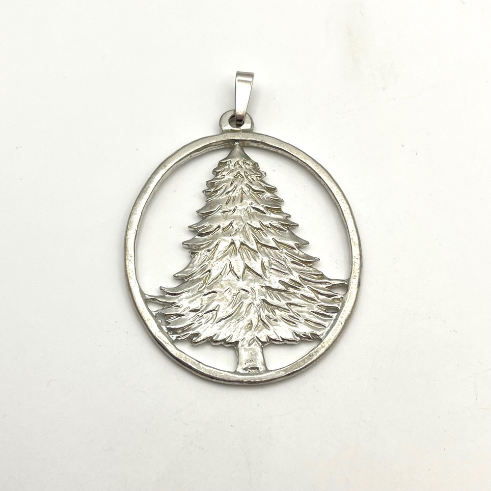 Silver Tone Christmas Tree Pendant Large Circular Evergreen Holiday Jewelry